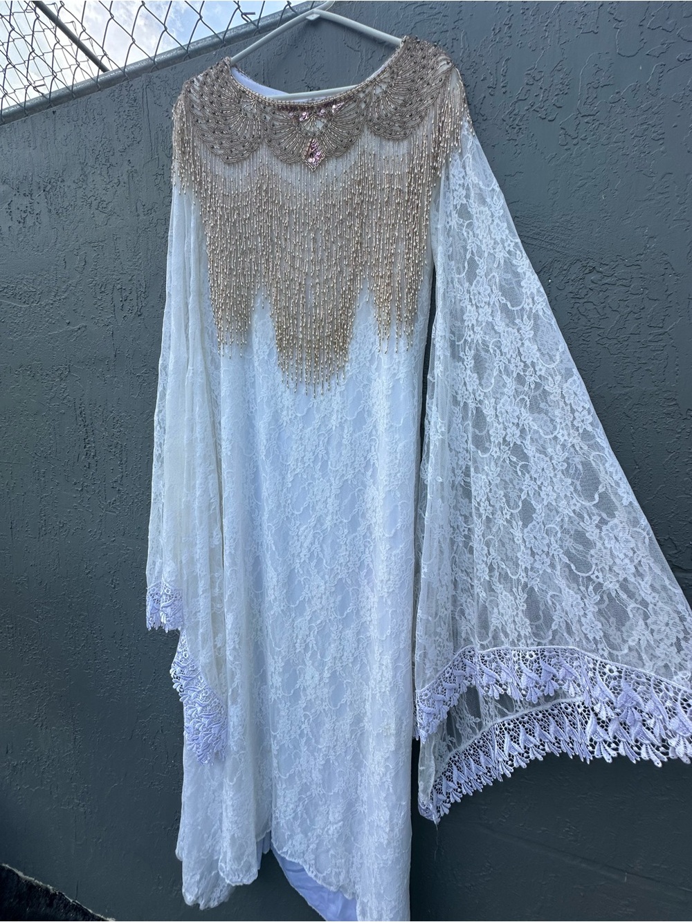 Vintage White Lace Maxi Dress Gold Beaded Fringe Cape Sleeve Boho Bridal L